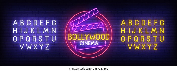 Bollywood neon sign, bright signboard, light banner. Bollywood logo, emblem and label. Neon sign creator. Neon text edit