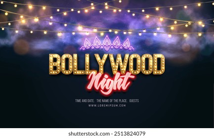 Festa noturna de Bollywood. Banner ou cartaz com sinais de néon retro e guirlandas de lâmpada. Ilustração vetorial.