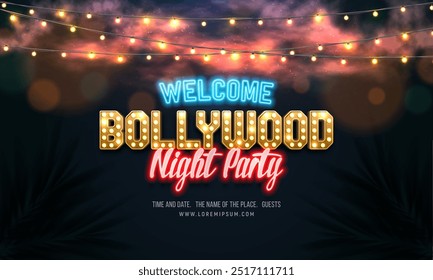 Fiesta nocturna de Bollywood. Anuncio o cartel con letreros de neón retro y guirnaldas de lámpara. Ilustración vectorial.