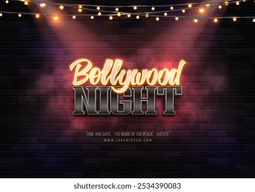 Festa noturna de Bollywood. Banner ou cartaz com sinais de néon retro e guirlandas de lâmpada no fundo da parede de tijolos. Ilustração vetorial.