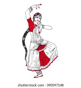 Bollywood star. Dancing girl. Indian dance. Oriental girl dancing on a white background. Girl in red oriental dress. Indian dance, movement, film. Vector illustration