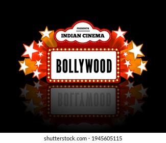 Bollywood is a traditional Indian movie. Vector illustration with marquee lights