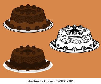 Bolo de brigadeiro, chocolate cake with choco balls vector icon illustration set.