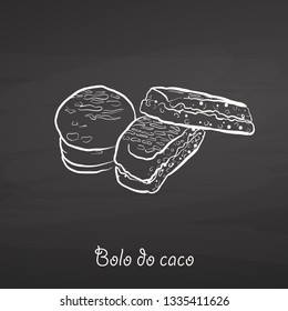 Bolo do caco food sketch on chalkboard. Vector drawing of Flatbread, usually known in Portugal, Madeira. Food illustration series.