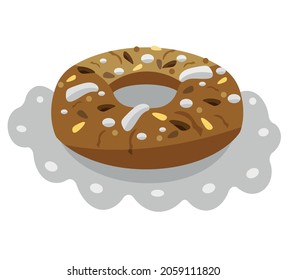 Bolo rainha, queen cake. Portuguese Spanish Christmas cake with nuts vector illustration. rosca de reyes