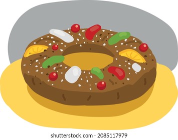 Bolo rei natal. Portuguese christmas king cake vector illustration. rosca de reyes