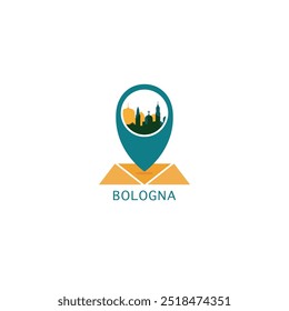 Bologna city map pin point geolocation modern skyline vector logo icon isolated illustration. Italy pointer emblem with landmarks and building silhouettes