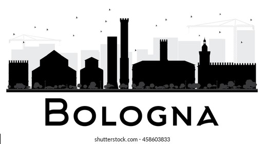 Bologna City skyline black and white silhouette. Vector illustration. Simple flat concept for tourism presentation, banner, placard or web site. Business travel concept. Cityscape with landmarks