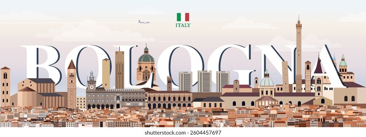 Bologna cityscape colorful vector illustration with big city name on the background. Travel trendy poster