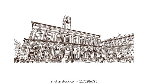 Bologna Due Torri & Piazza Maggiore is a central square in Bologna, region of Emilia-Romagna, Italy. Hand drawn sketch illustration in vector.