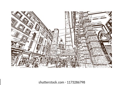 Bologna Due Torri & Piazza Maggiore is a central square in Bologna, region of Emilia-Romagna, Italy. Hand drawn sketch illustration in vector.