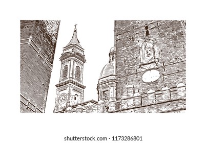 Bologna Due Torri & Piazza Maggiore is a central square in Bologna, region of Emilia-Romagna, Italy. Hand drawn sketch illustration in vector.