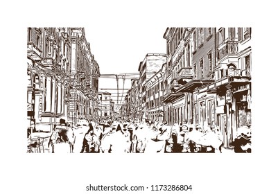 Bologna Due Torri & Piazza Maggiore is a central square in Bologna, region of Emilia-Romagna, Italy. Hand drawn sketch illustration in vector.