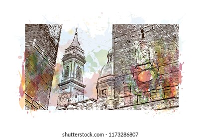 Bologna Due Torri & Piazza Maggiore is a central square in Bologna, region of Emilia-Romagna, Italy. Watercolor splash with Hand drawn sketch illustration in vector.