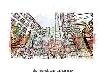 Bologna Due Torri & Piazza Maggiore is a central square in Bologna, region of Emilia-Romagna, Italy. Watercolor splash with Hand drawn sketch illustration in vector.