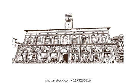 Bologna Due Torri & Piazza Maggiore is a central square in Bologna, region of Emilia-Romagna, Italy. Hand drawn sketch illustration in vector.