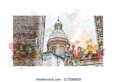 Bologna Due Torri & Piazza Maggiore is a central square in Bologna, region of Emilia-Romagna, Italy. Watercolor splash with Hand drawn sketch illustration in vector.