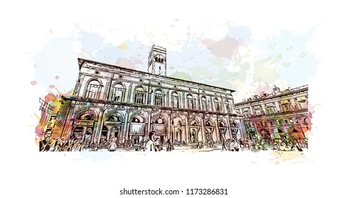 Bologna Due Torri & Piazza Maggiore is a central square in Bologna, region of Emilia-Romagna, Italy. Watercolor splash with Hand drawn sketch illustration in vector.