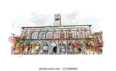Bologna Due Torri & Piazza Maggiore is a central square in Bologna, region of Emilia-Romagna, Italy. Watercolor splash with Hand drawn sketch illustration in vector.