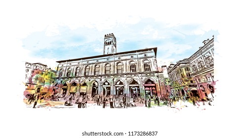 Bologna Due Torri & Piazza Maggiore is a central square in Bologna, region of Emilia-Romagna, Italy. Watercolor splash with Hand drawn sketch illustration in vector.