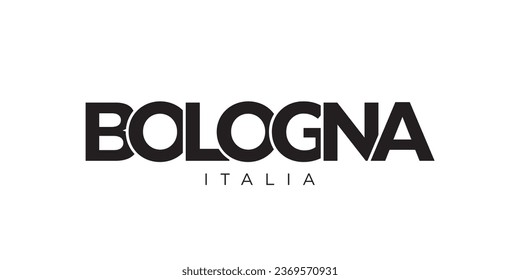 Bolonia en el emblema de Italia para imprenta y telaraña. El diseño presenta estilo geométrico, ilustración vectorial con tipografía audaz en fuente moderna. Letras gráficas de eslóganes aisladas en fondo blanco.