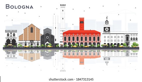 Bologna Italy City Skyline with Color Buildings and Reflections Isolated on White. Vector Illustration. Bologna Cityscape with Landmarks. Tourism Concept with Historyc Architecture.