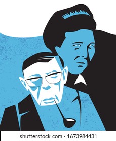 Bologna, Italy, March 2020, Jean Paul Sartre And Simone De Beauvoir Vector Illustration