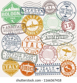 Bologna Italy Stamp Vector Art Postal Passport Travel Design Set Badges.
