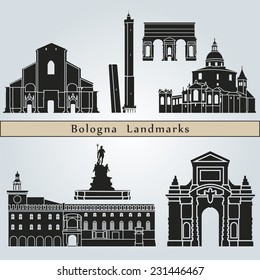 Bologna landmarks and monuments isolated on blue background in editable vector file