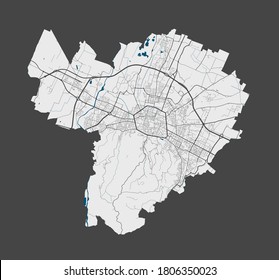 Bologna map. Detailed vector map of Bologna city administrative area. Poster with streets and water on grey background.