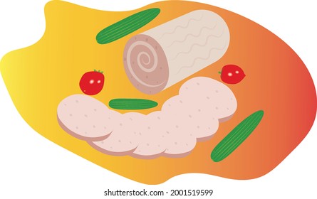 bologna sausage without wrapper and sliced sausage pieces next to tomatoes and cucumbers 