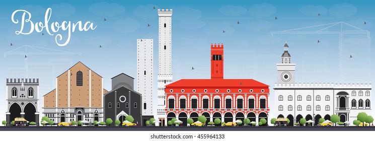 Bologna Skyline with Landmarks and Blue Sky. Vector Illustration. Business Travel and Tourism Concept with Historic Buildings. Image for Presentation Banner Placard and Web Site.