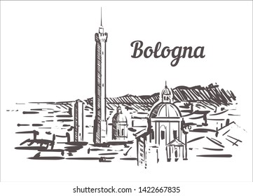 Bologna skyline sketch. Bologna, Italy  hand drawn illustration isolated on white background.