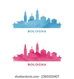 Colores de agua de Bolonia paisaje de la ciudad horizonte de la ciudad de paisaje vector panorámico logo moderno plano, icono. Italia, el concepto de emblema de la ciudad de Emilia Romaña con monumentos y siluetas de construcción. Gráfico aislado