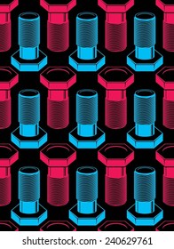 Bolt 3d symmetric seamless pattern. Creative background with three-dimensional and highly detailed professional work tools. Repair theme continuous backdrop.