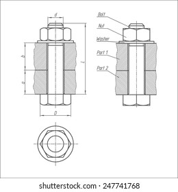 Bolt connection. Sketch of bolt and nut connecting the two parts together. Vector technical  illustration of metalwares on a white background. Front,  side, and top view.