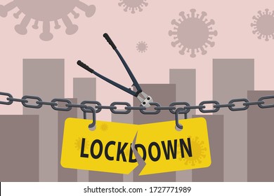 Bolt cutter cutting lockdown chain barrier over city. Stock vector illustration of open lockdown.