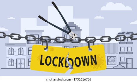 Bolt cutter cutting lockdown chain barrier over city. Stock vector illustration of open lockdown.