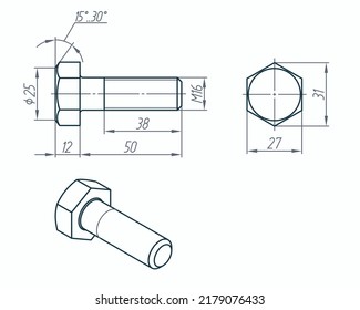 Bolt. Detail sketch with dimensions. Vector illustration for technical design. Simple engineering drawing with isometric view. Editable line thickness.