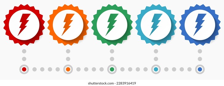 Bolt, electricity vector icon set, colorful infographic template, set of flat design badge icons in 5 color options