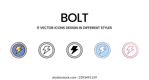 Bolzen Sie Icon Design in 5-Stil mit Editable Stroke. Linie, feste, flache Linie, Duo Tone Farbe und Farbverlauf Linie. Geeignet für Webpage, Mobile App, UI, UX und GUI Design.