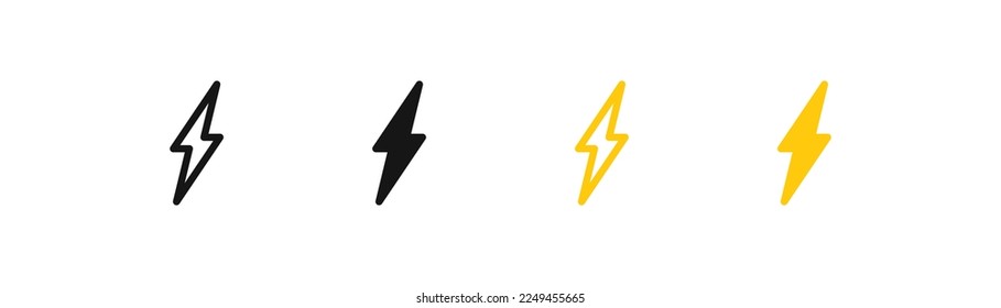 Icono de perno. Símbolo relámpago. Señales eléctricas. Símbolos de energía truene. Iconos de velocidad. Color negro y amarillo. Signo aislado del vector.