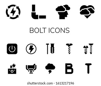 bolt icon set. 14 filled bolt icons. Included Energy, Pipeline, Storm, Flash, Power, Saddle, Screw, Bold icons