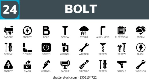 bolt icon set. 24 filled bolt icons.  Collection Of - Saddle, Energy, Bold, Screw, Storm, Allen keys, Electrical, Pipeline, Power, Wrench, Flash, Electric