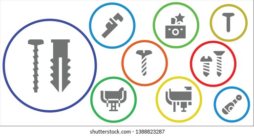 bolt icon set. 9 filled bolt icons.  Collection Of - Screw, Wrench, Flash, Saddle, Electric