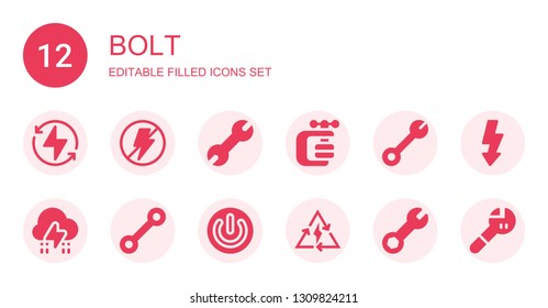 bolt icon set. Collection of 12 filled bolt icons included Bolt, Flash, Wrench, Vise, Storm, Power