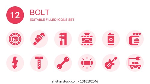 bolt icon set. Collection of 12 filled bolt icons included Electric, Wrench, Power, Energy drink, Flash, Screw, Vise, Energy