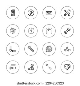 Bolt icon set. collection of 16 outline bolt icons with electricity, flash, energy, pipeline, screw, storm, wrench, vise icons.