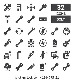 bolt icon set. Collection of 32 filled bolt icons included Wrench, Energy drink, Storm, Vise, Energy, Flash, Allen keys, Electric, Bolt, Power, Screw, Valve, Cross wrench