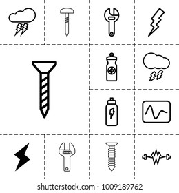 Bolt icons. set of 13 editable outline bolt icons such as flash, screw, wrench, energy drink, electricity, thunderstorm, energetic drink